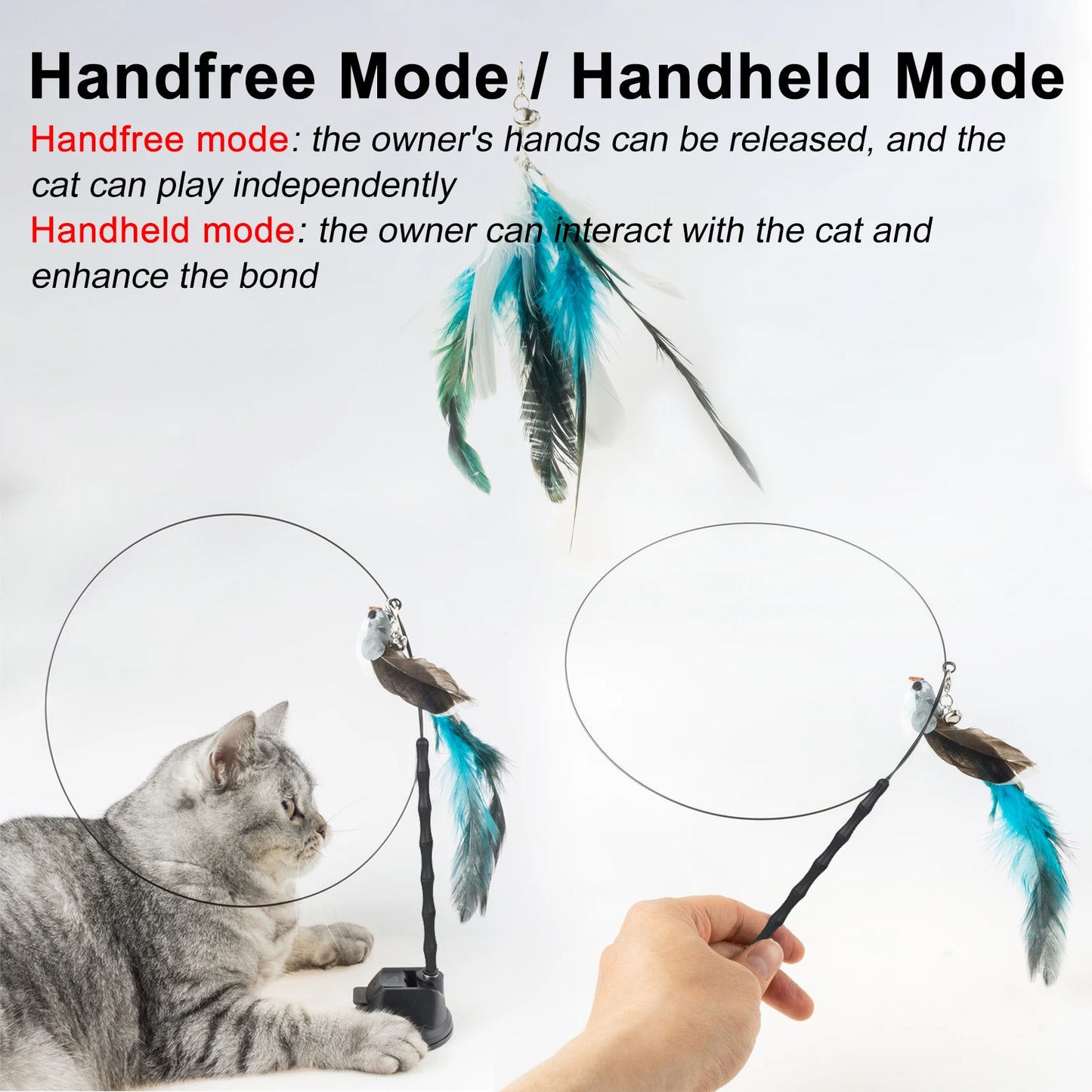 Handfree Bird/Feather Cat Wand with Bell Powerful Suction Cup